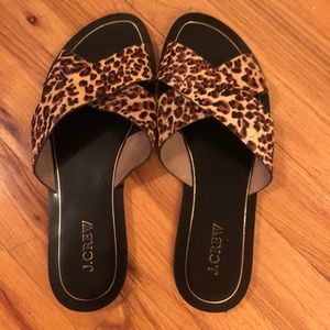 J Crew leopard calf hair slides